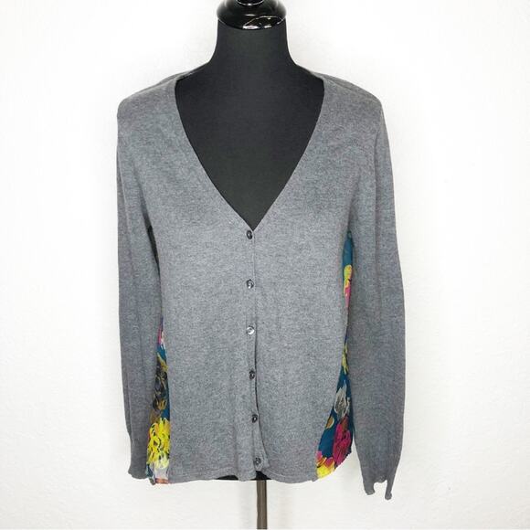 Anthropologie Little Yellow Bird gray button cardigan floral back size Small - Picture 1 of 13